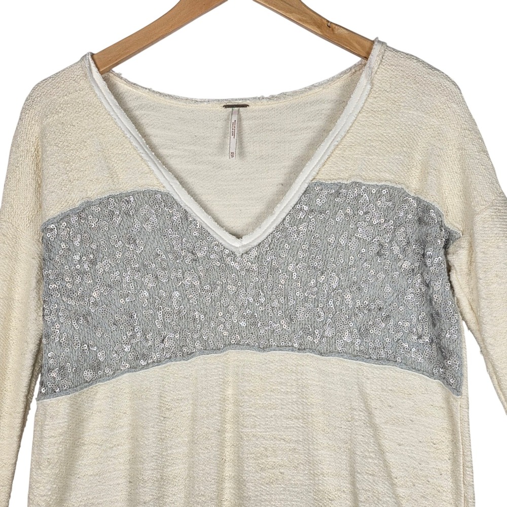 Free People Womens V Neck Long Sleeve Tunic Top XS Cream Sequins Striped BOHO